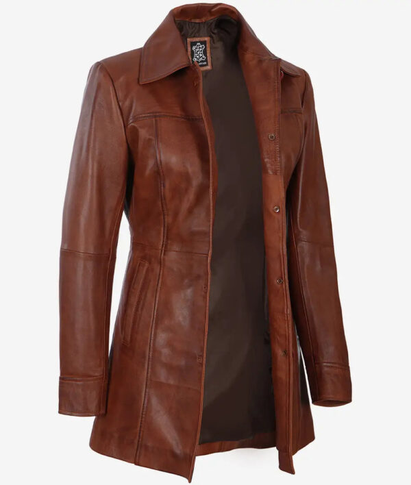 Womens Cognac Brown Leather 3/4 Length Coat - Image 6