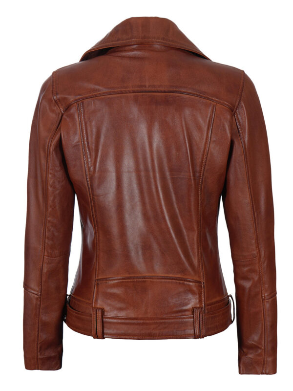 Elisa Womens Cognac Brown Asymmetrical Motorcycle Leather Jacket - Image 2