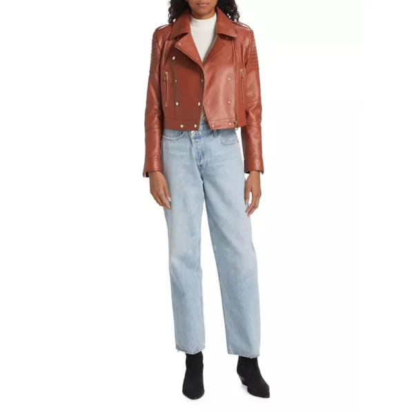 Tracy Cognatic Brown Leather Biker Jacket - Image 2