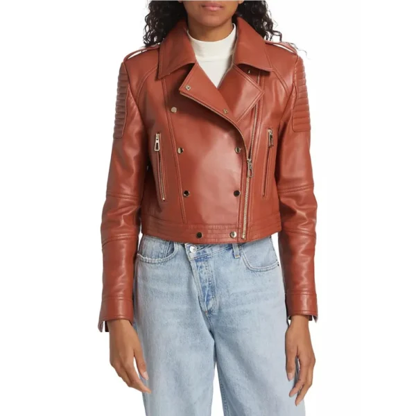Tracy Cognatic Brown Leather Biker Jacket - Image 3