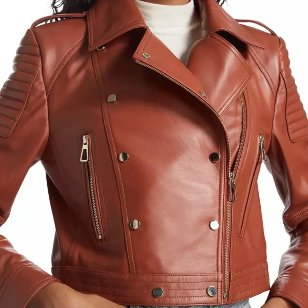 Tracy Cognatic Brown Leather Biker Jacket - Image 6