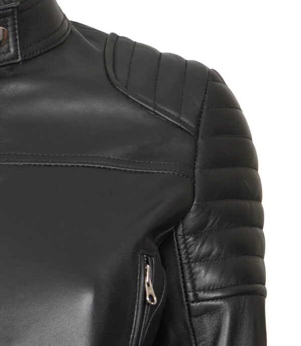 Women's Black Cropped Leather Moto Jacket - Image 6