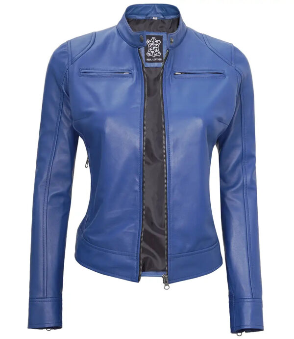 Dodge Women's Blue Leather Cafe Racer Motorcycle Jacket - Image 3