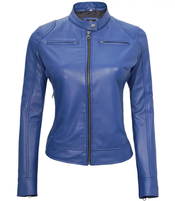 Dodge Women's Blue Leather Cafe Racer Motorcycle Jacket - Image 4