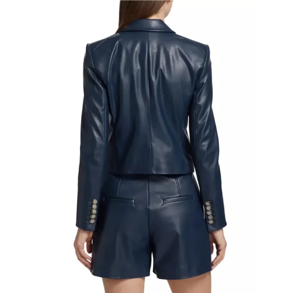 Ellen Double Breasted Blue Leather Blazer - Image 3