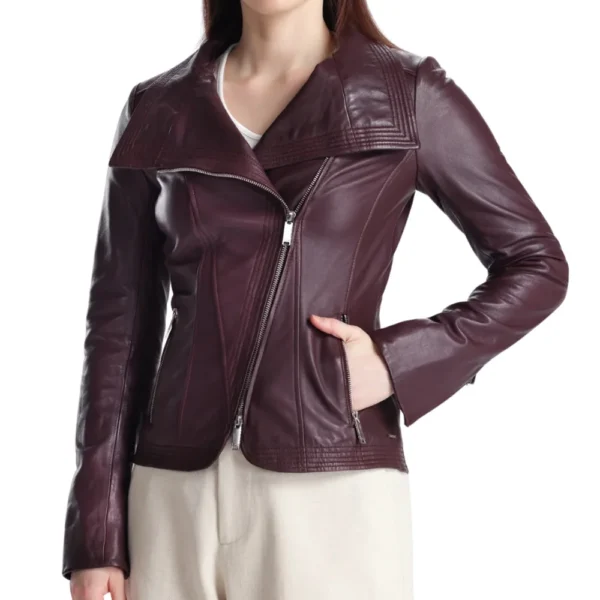 Womens Eggplant Maroon Wide Collar Leather Biker Jacket - Image 3