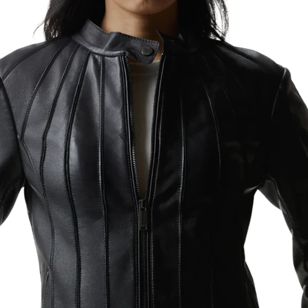 Women’s Slim Fit Black Leather Biker Jacket - Image 2
