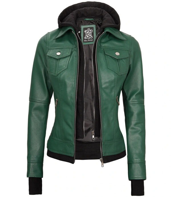 Womens Biker Green Leather Jacket with Hood - Image 4