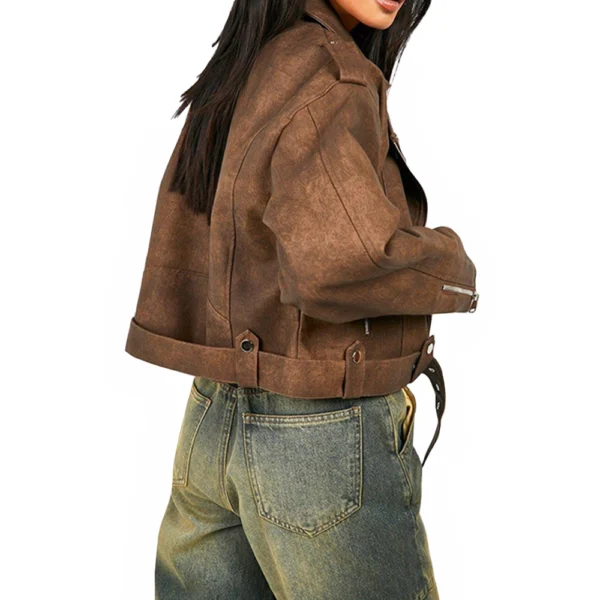 Brown Biker Leather Jacket for Women - Image 4