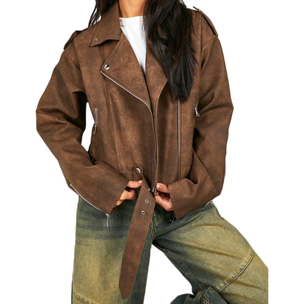Brown Biker Leather Jacket for Women - Image 3