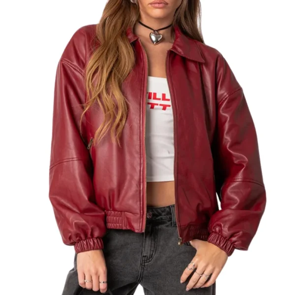 Mary Maroon Bomber Leather Jacket - Image 2