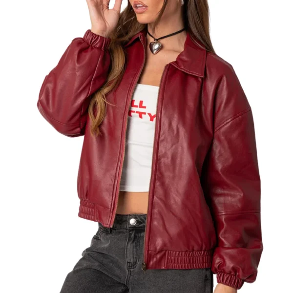 Mary Maroon Bomber Leather Jacket - Image 3