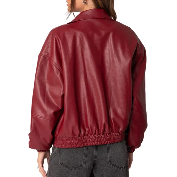 Mary Maroon Bomber Leather Jacket - Image 4
