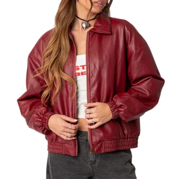 Mary Maroon Bomber Leather Jacket - Image 5