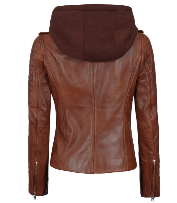 Bagheria Women Cognac Biker Leather Jacket With Removable Hood - Image 2