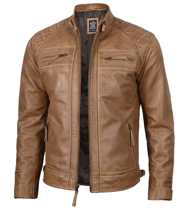 Diamond Men's Distressed Camel Brown Cafe Racer Leather Jacket