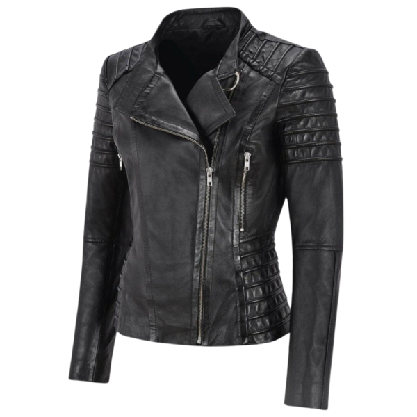 Women’s Black Leather Moto Slim Fit Jacket - Image 2