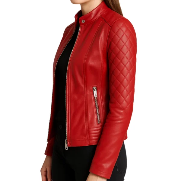 Womens Red Leather Quilted Biker Jacket - Image 4