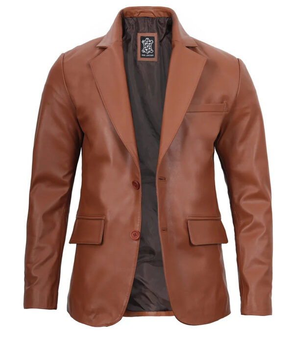 Mens Cognac Brown Real Leather Blazer - Image 3