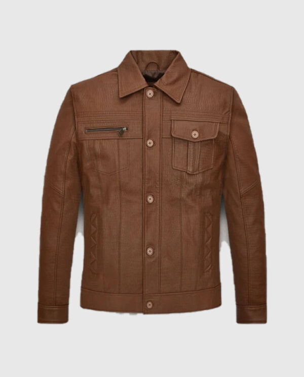 Men's Shirt Collar Style Brown Leather Jacket