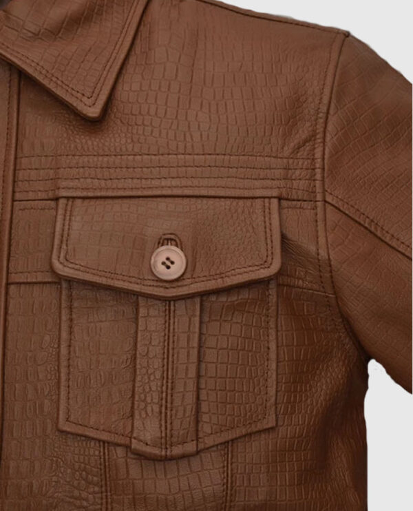 Men's Shirt Collar Style Brown Leather Jacket - Image 4