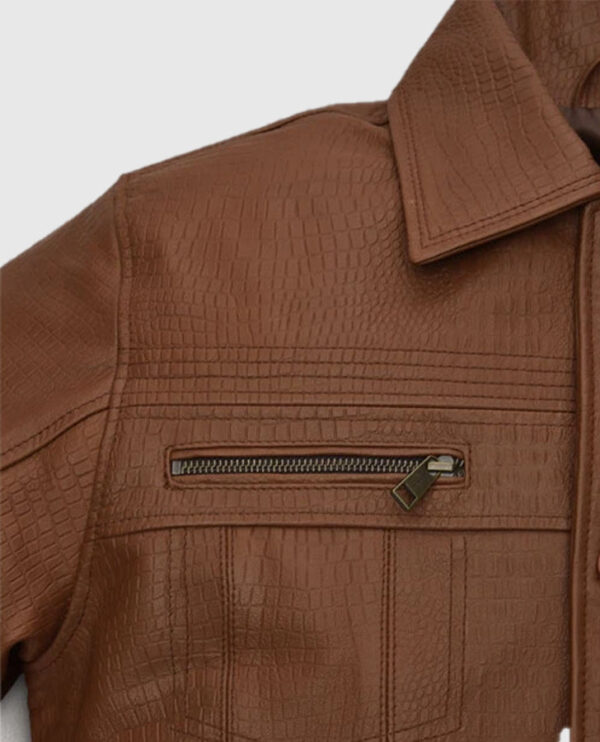 Men's Shirt Collar Style Brown Leather Jacket - Image 5