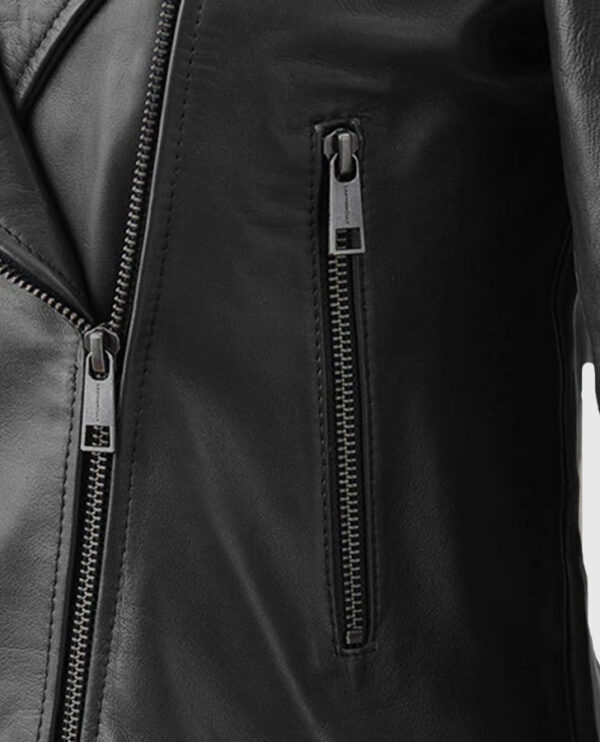 Women's Black Collarless Biker Leather Jacket - Image 4