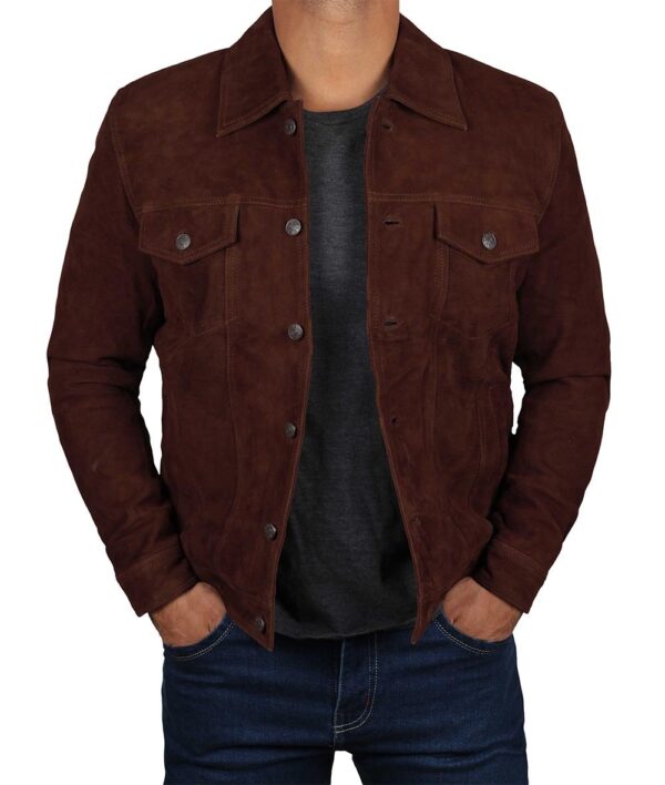 Logan Men's Dark Brown Suede Trucker Jacket - Image 3