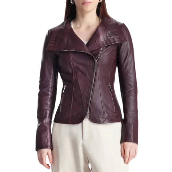 Womens Eggplant Maroon Wide Collar Leather Biker Jacket - Image 5