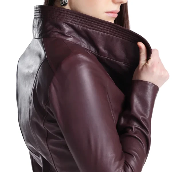 Womens Eggplant Maroon Wide Collar Leather Biker Jacket - Image 4