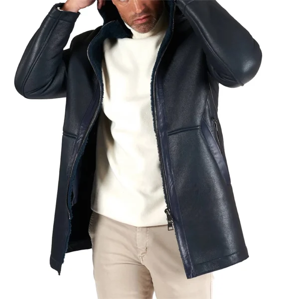 Dark Blue Leather Jacket with Detechable Hood - Image 2