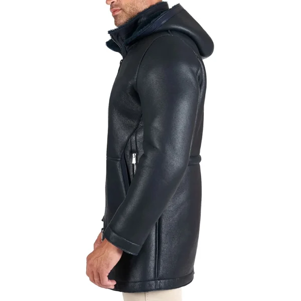 Dark Blue Leather Jacket with Detechable Hood - Image 3