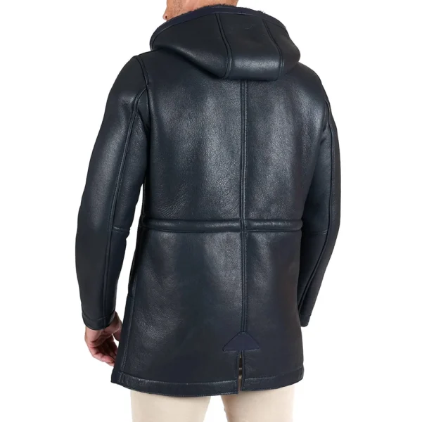 Dark Blue Leather Jacket with Detechable Hood - Image 4