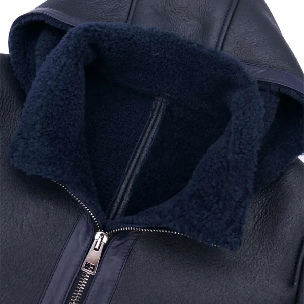 Dark Blue Leather Jacket with Detechable Hood - Image 5