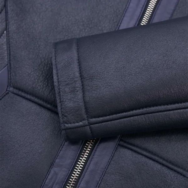 Dark Blue Leather Jacket with Detechable Hood - Image 6