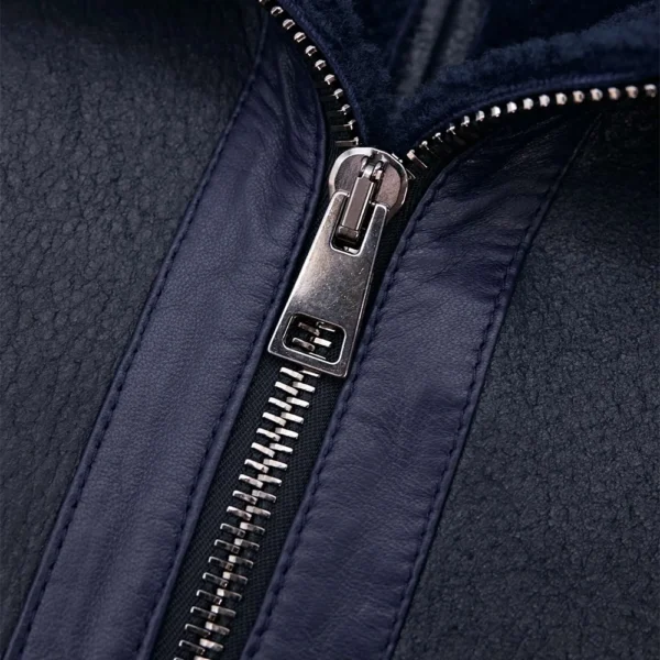 Dark Blue Leather Jacket with Detechable Hood - Image 7