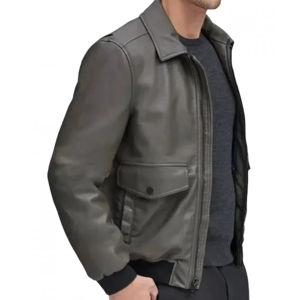 Men Classic Real Gray Bomber Leather Jacket - Image 2