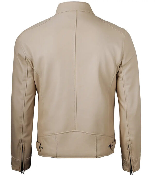 Dodge Beige Cafe Racer Leather Biker Jacket - Image 2