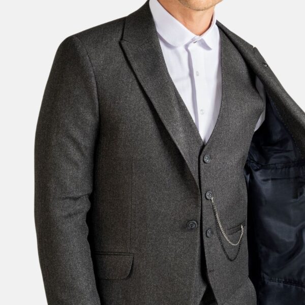 Grey 3 Piece Thomas Shelby Herringbone Suit - Image 3