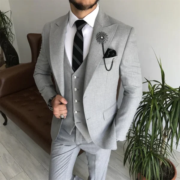 Mens 3 Piece Grey Slim Fit Tuxedo Wedding Suit