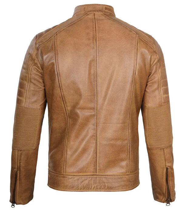 Austin Mens Distressed Tan Cafe Racer Real Leather Jacket - Image 2