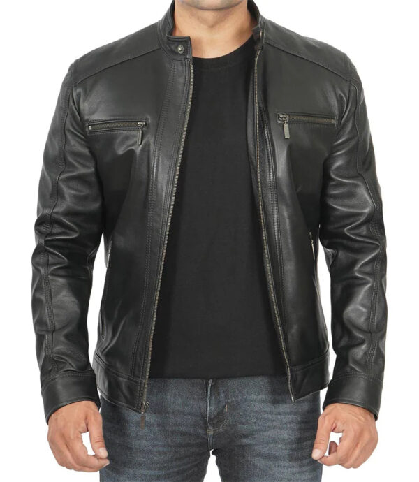 Merrill Men's Black Cafe Racer Hooded Leather Jacket - Image 7
