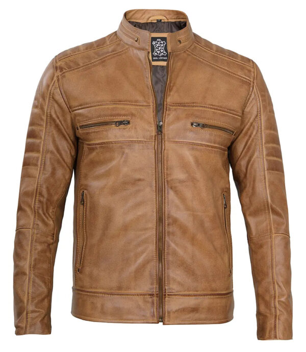 Austin Mens Distressed Tan Cafe Racer Real Leather Jacket - Image 4