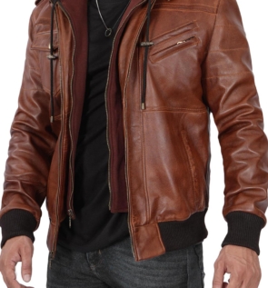 menshoodedCognacLeatherJacket