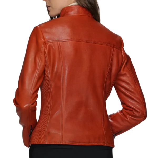 Women’s Burnt Orange Leather Moto Jacket - Image 6