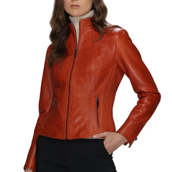 Women’s Burnt Orange Leather Moto Jacket - Image 3