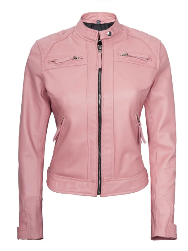 Johnson Women Pink Quilted Cafe Racer Leather Jacket - Image 3