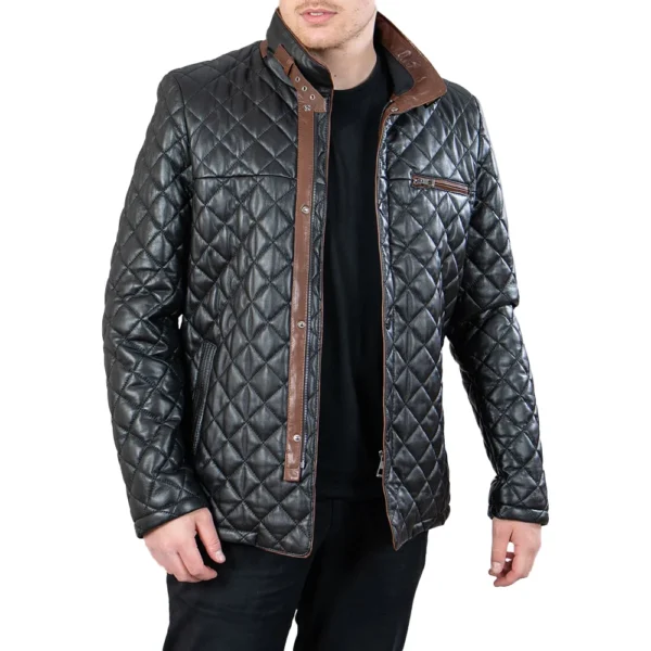 Mens Black Quilted Leather Car Coat