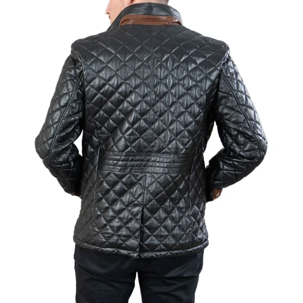 Mens Black Quilted Leather Car Coat - Image 7