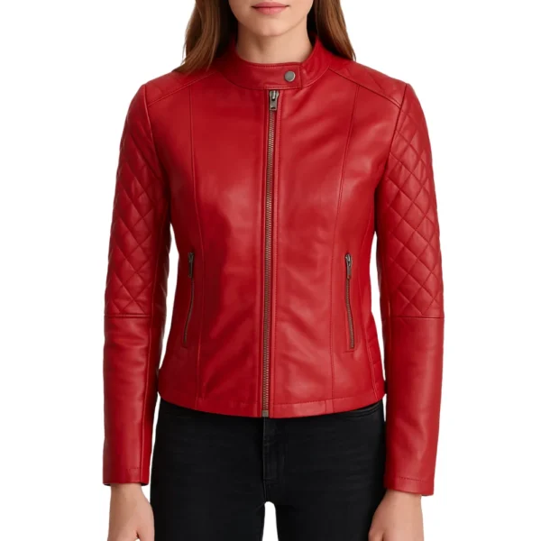 Womens Red Leather Quilted Biker Jacket - Image 2